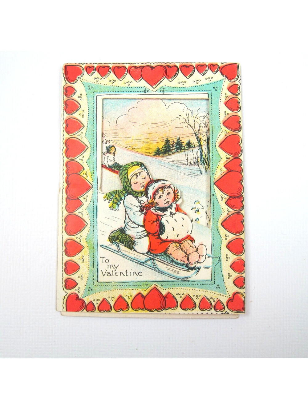 Vintage Valentine Die cut Fold 3D Card Girl Boy Snow Sledding 1920s-30s UNSIGNED